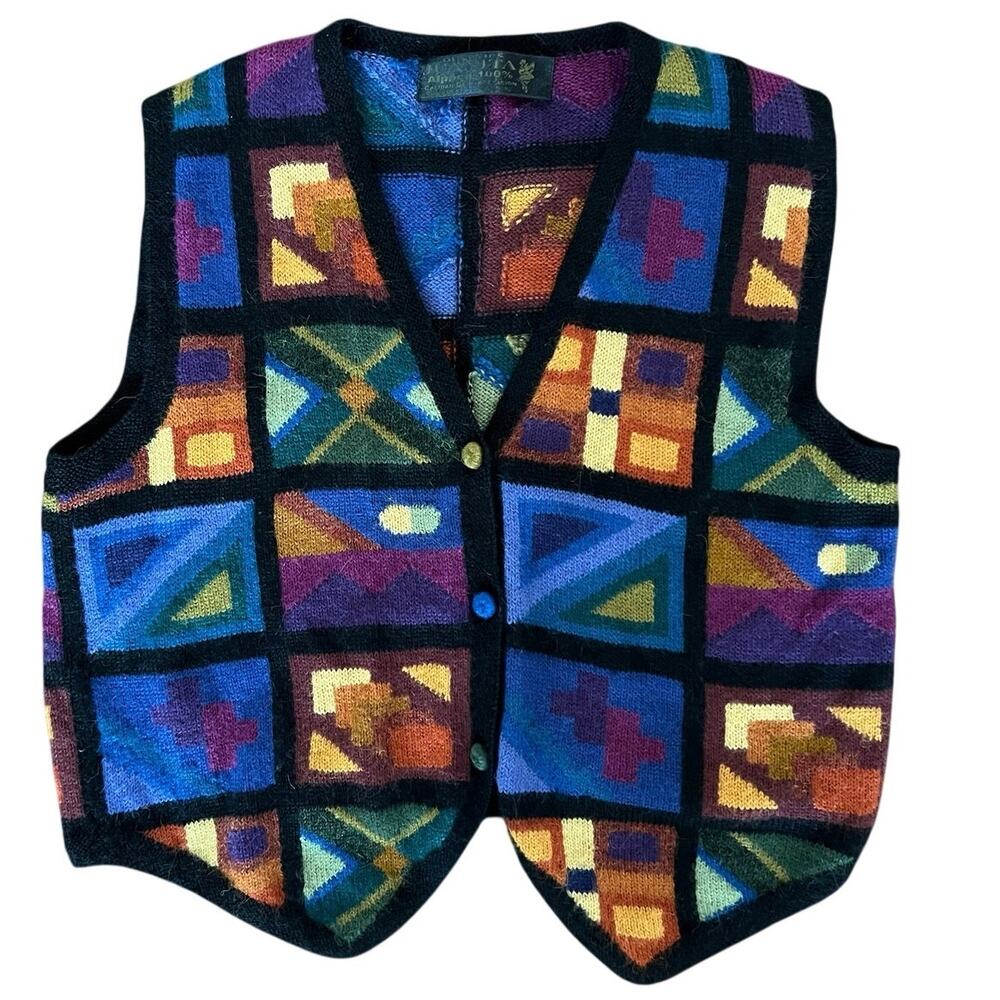 Vintage 100% Alpaca Handmade Peru Colorful Patchwork Knit Vest Boho Folk Art M